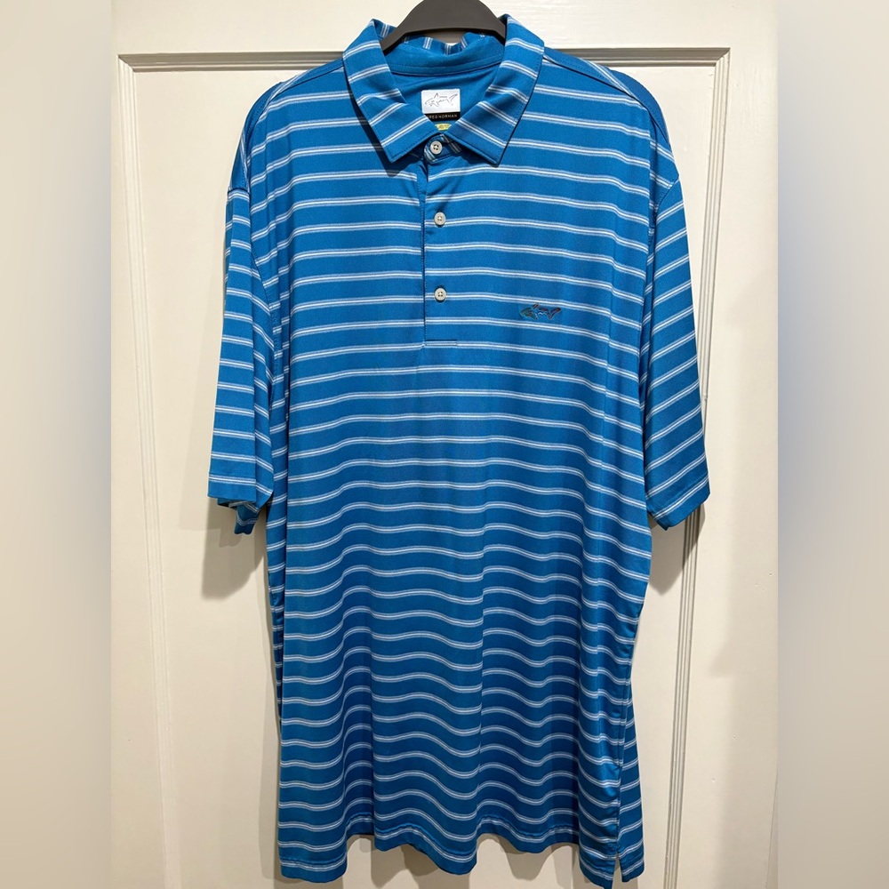 Greg Norman Collection Blue and White Striped Polo XL
